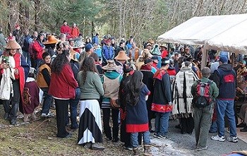 Crowd gathered outside an event tent