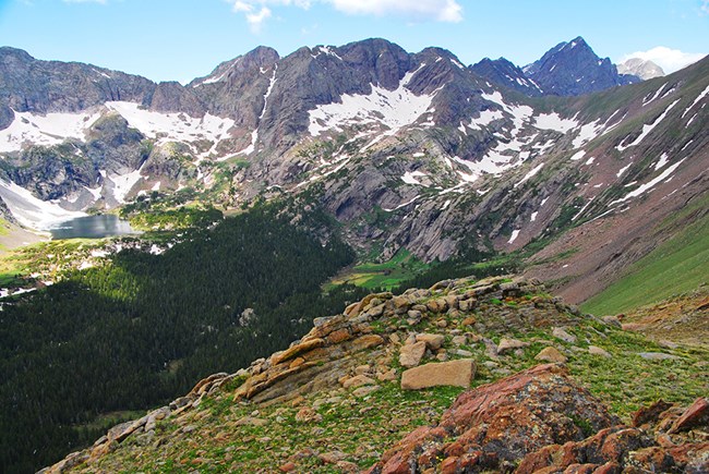 high alpine meadow with rocks and green grass against a backdrop of snowy peaks