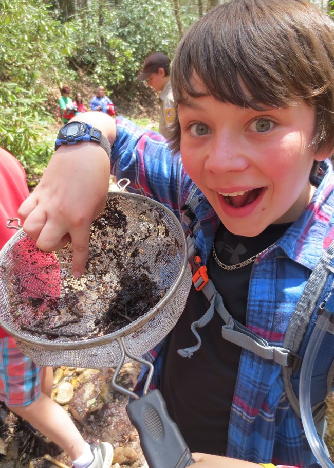 Happy about dragonfly larvae sampling. A young child excitedly points out a dragonfly larva in net.