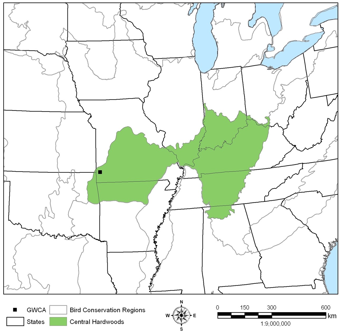 A map of George Washington Carver National Monument on the western edge of the Central Hardwoods Bird Conservation Region in southwestern Missouri.