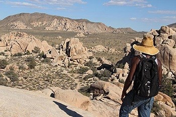 Hiker on a rocky desert trail