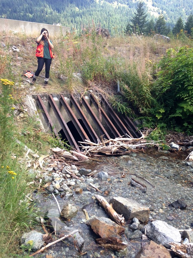 Person standing over a stream holding up a device for measuring its slope