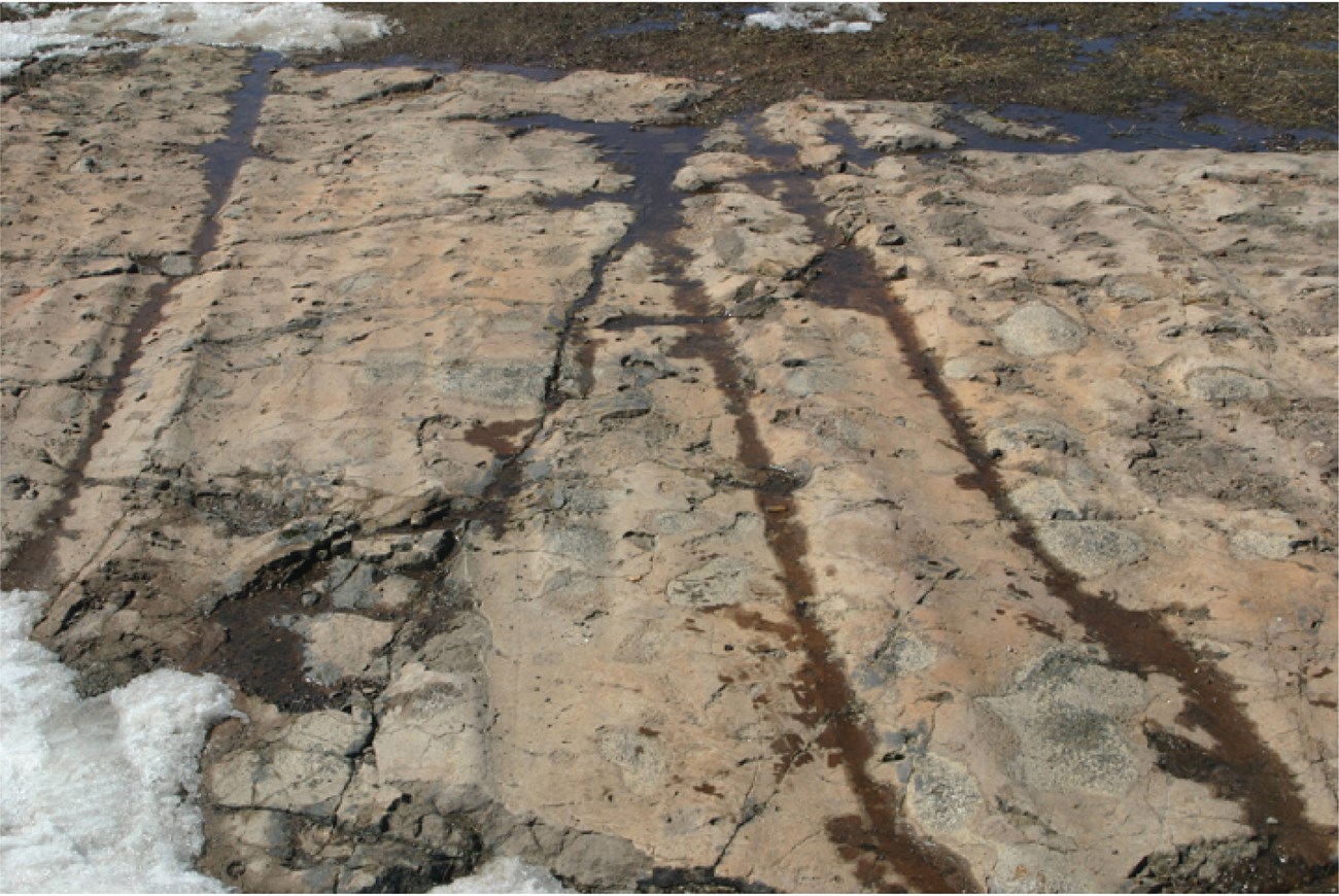 KEWE glacial grooves on basalt@10x rock outcrop with grooved surface