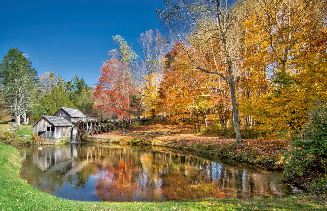 A wooden mill building with a large waterwheel sits on the far side of a still pond. The blue sky and autumn colors of nearby trees are reflected in the water.