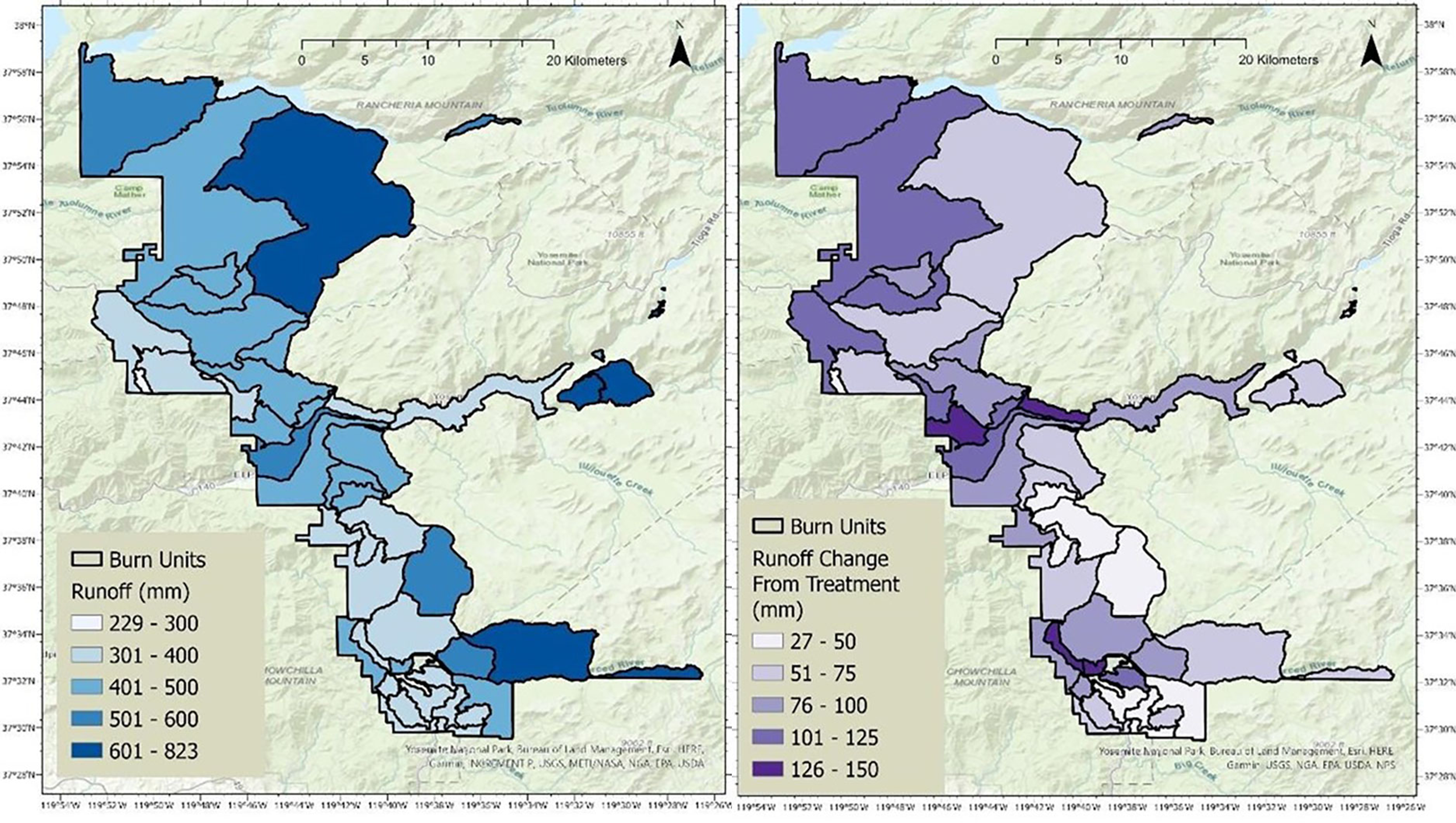 Left image shows 2021 modeled actual conditions – most burn units are in middle 3 categories (from 301 to 600 mm). Right image shows effects of prescribed treatment - increase in runoff falls into 5 categories (from 27 to 150 mm).