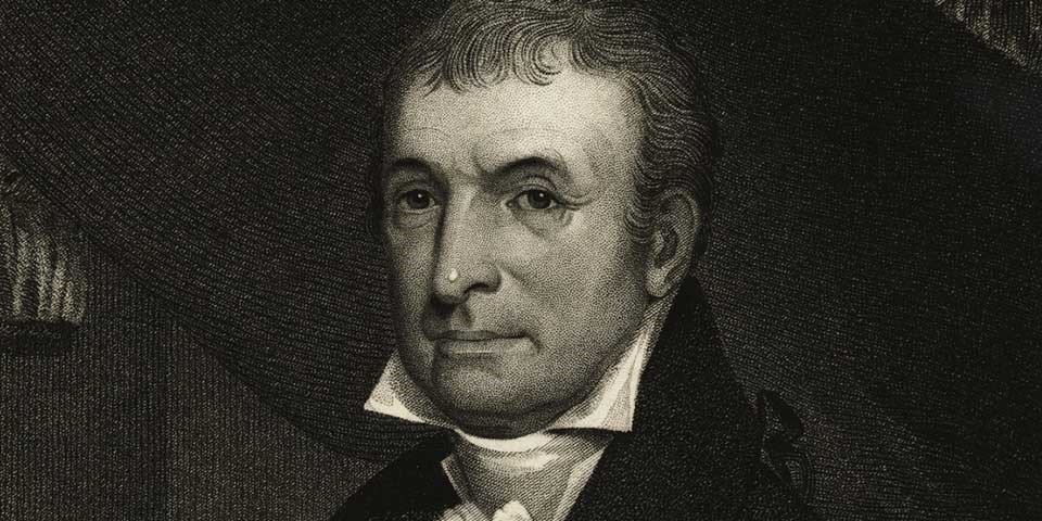 Detail, black and white engraving of Luther Martin showing his face and neck.