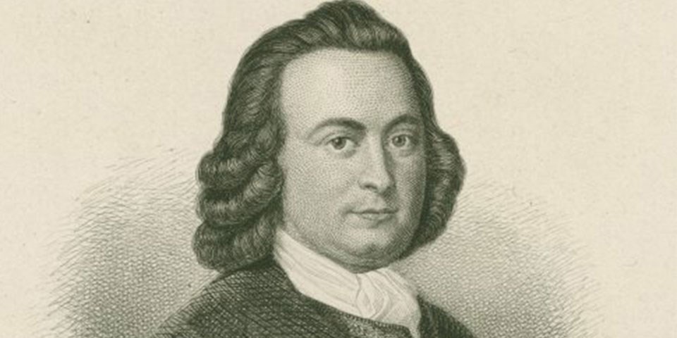 Print of George Mason with brown ink on cream colored paper, head-and-shoulders detail.