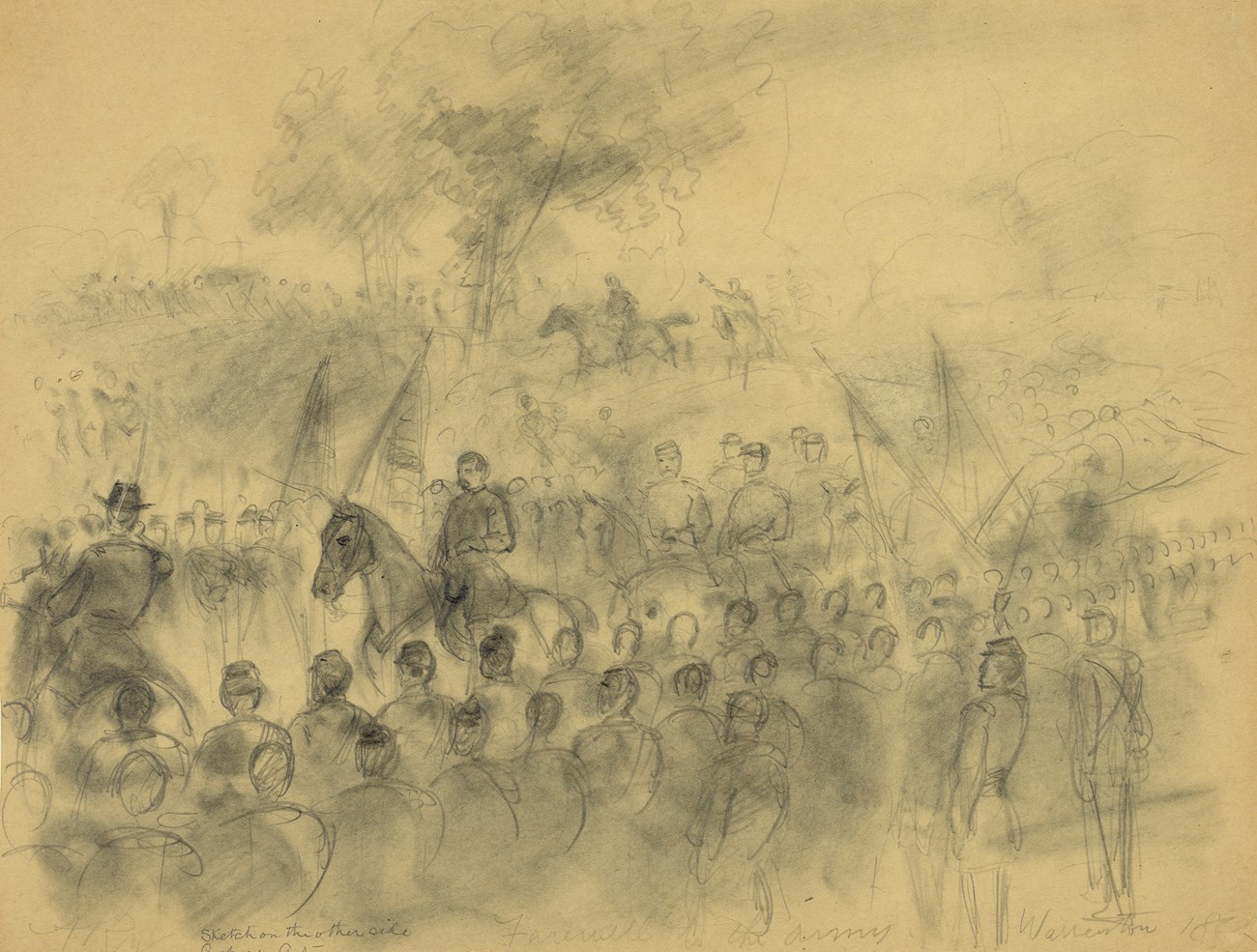 General George McClellan reviews the Army of the Potomac. A pencil sketch of a man on horseback riding through a group of soldiers.