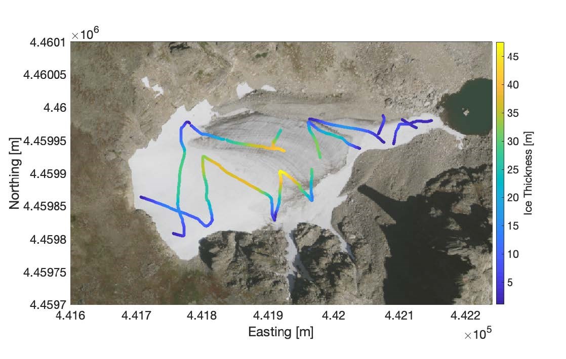 Andrews Glacier Lidar An aerial view of Andrews Glacier. Colorful lines across the surface represent different thicknesses of ice and snow.