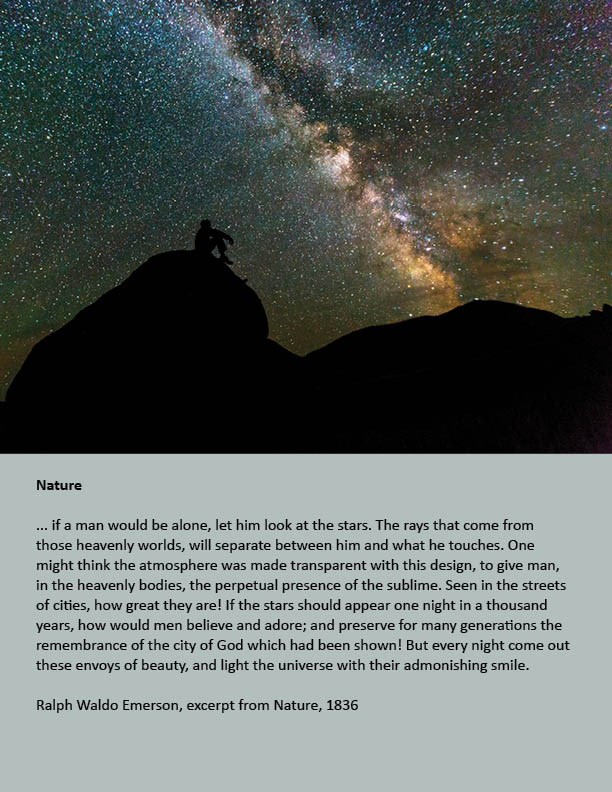 Poem photo composite shows words to an essay with scene of a stargazer looking into the night