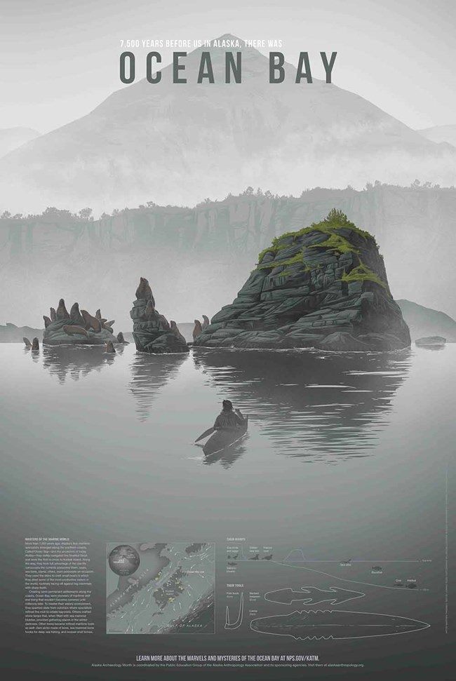 The 2018 Alaska Archaeology Month poster featuring people who used the oceans.