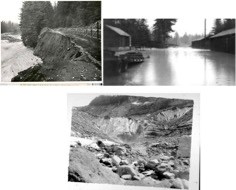 Three pictures. One showing a coursing river next to an eroded roadway. Another showing high levels of water inundating the bottem levels of buildings. The last picture shows a rocky glacier and rushing river coming from it.
