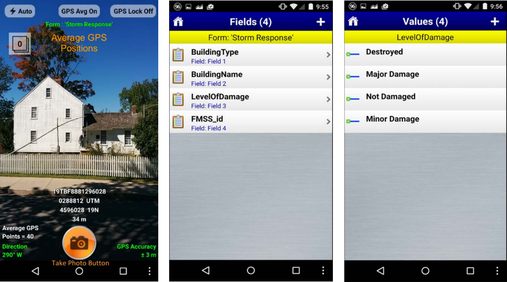 Screenshots depicting the natural progression of using the GeoJot app on a smartphone.