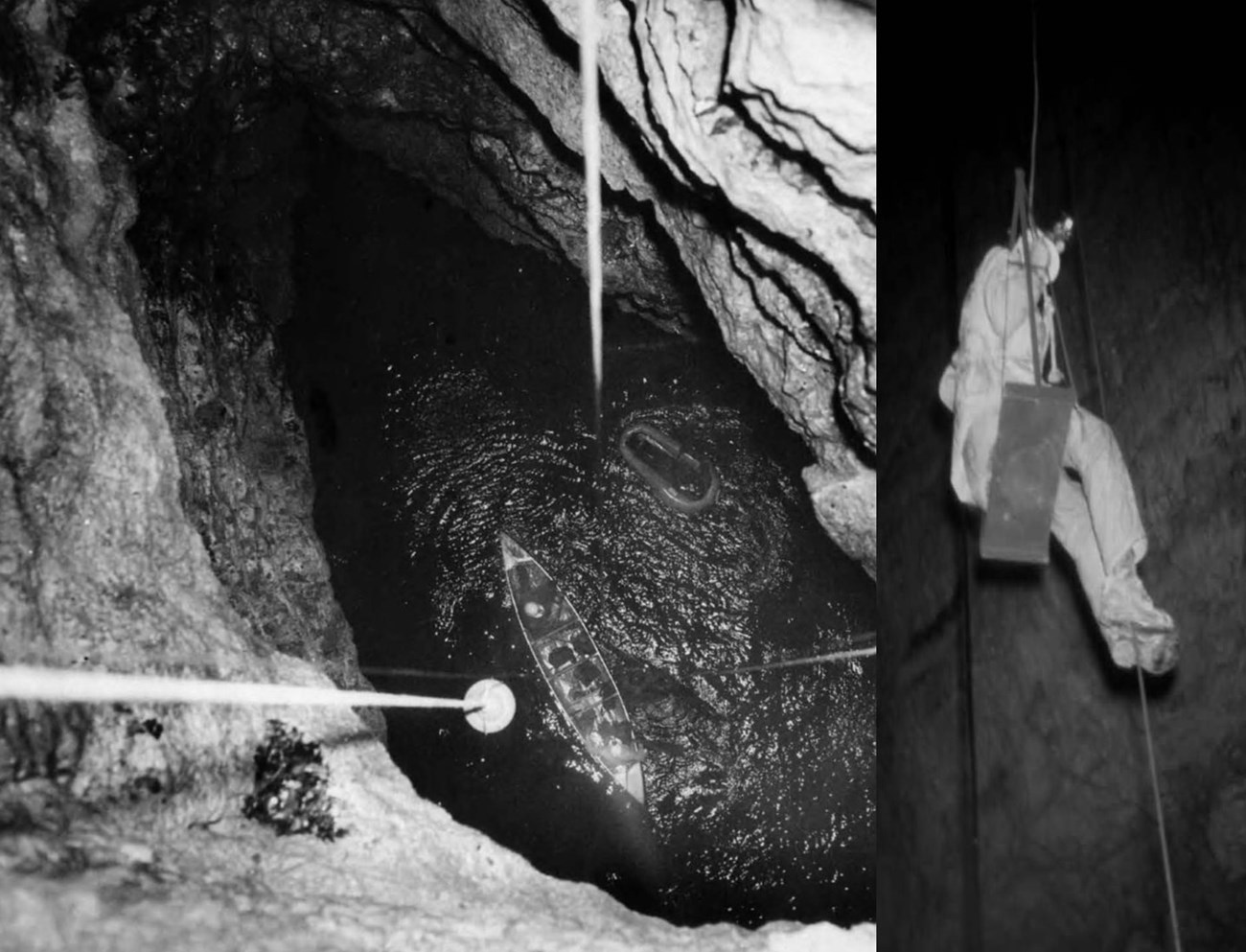 black and white photos of an explorer on a rope chair being lowered into devils well and a view into the pit with water and a canoe in the bottom