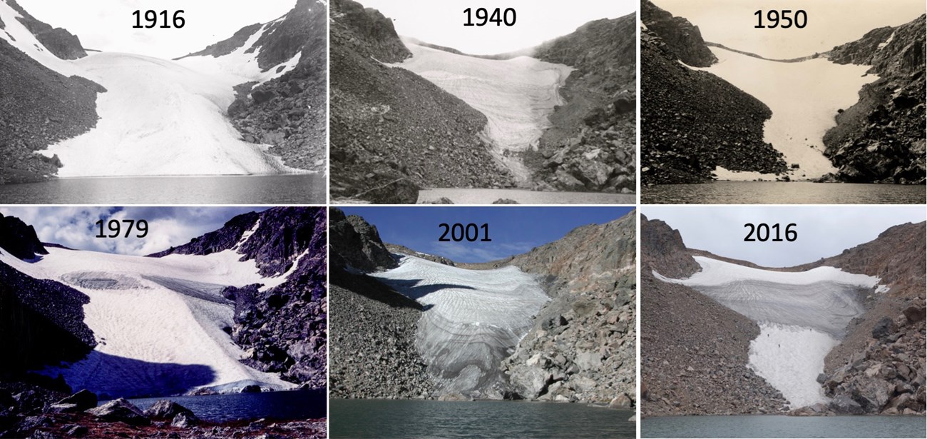 Glacier Time Series A timeseries of photos of Andrews Glacier from 1916 - 2016. The size and extent of the glacier varies across years.