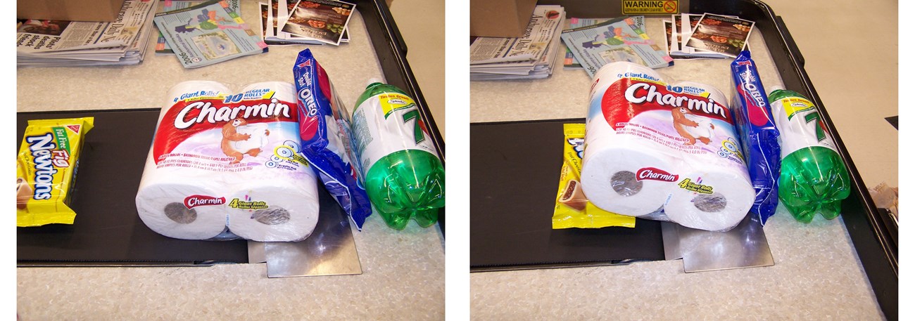 Safeway Tectonics-4 and 5 2 photos of groceries piling up at the end of the conveyor belt at a check-out stand