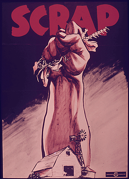 World War II poster encouraging scrap donations Poster of a large arm extending above a barn and clenching metal with the words SCRAP above