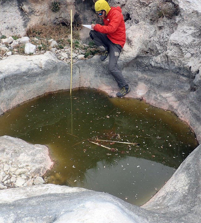A pool of water in a rock depression and a scientist writing on a clipboard