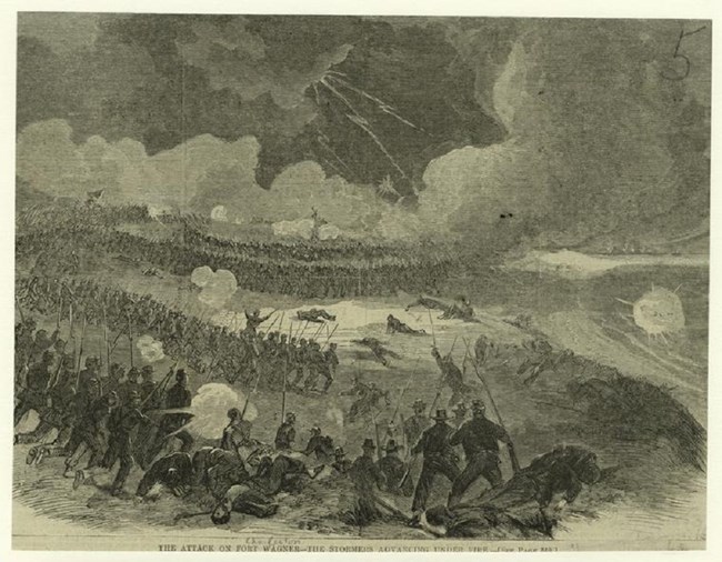 Print of hundreds of men storming Fort Wagner on the beach.