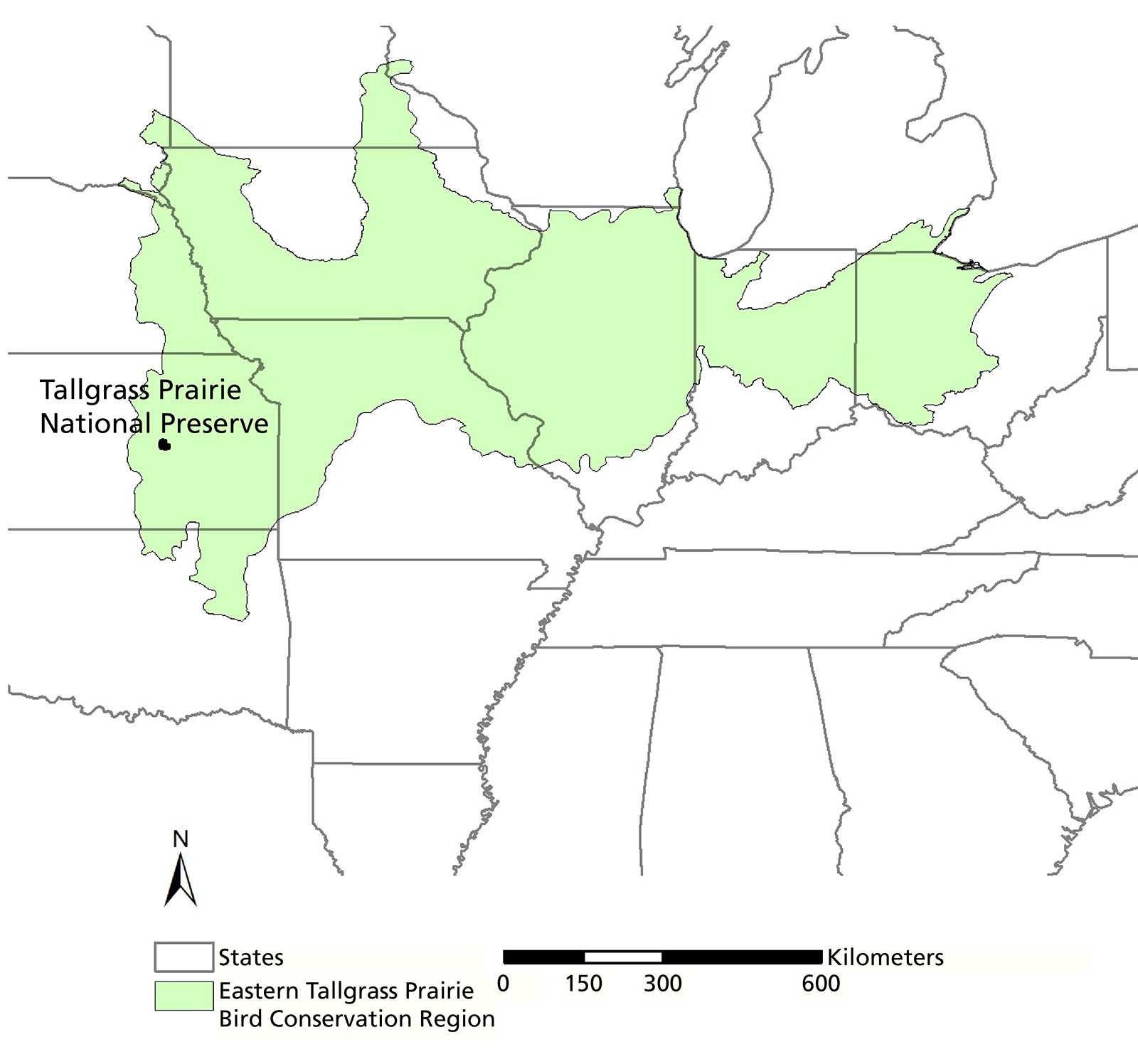 A map of tallgrass prairie in the US stretching from central Kansas to central Ohio and the location of Tallgrass Prairie National Preserve is marked in central eastern Kansas