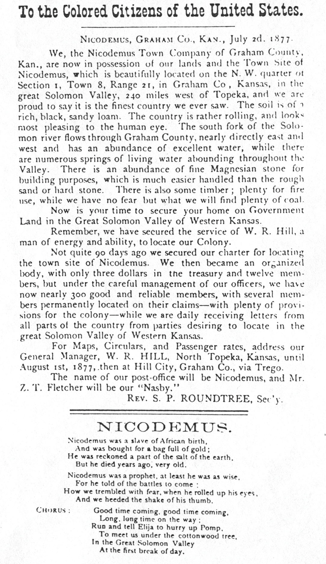 A broadside advertisement describing Nicodemus, Kansas. The bottom contains three verses of a song. Full text lies below the image.