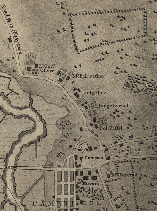 Insert of Tory Row, from A plan of Boston in New England and its environs, Henry Pelham, London, 1777. Courtesy Library of Congress. 1777 map of Brattle Street, with occupants identified. The road lies next to the Charles River in Cambridge, MA
