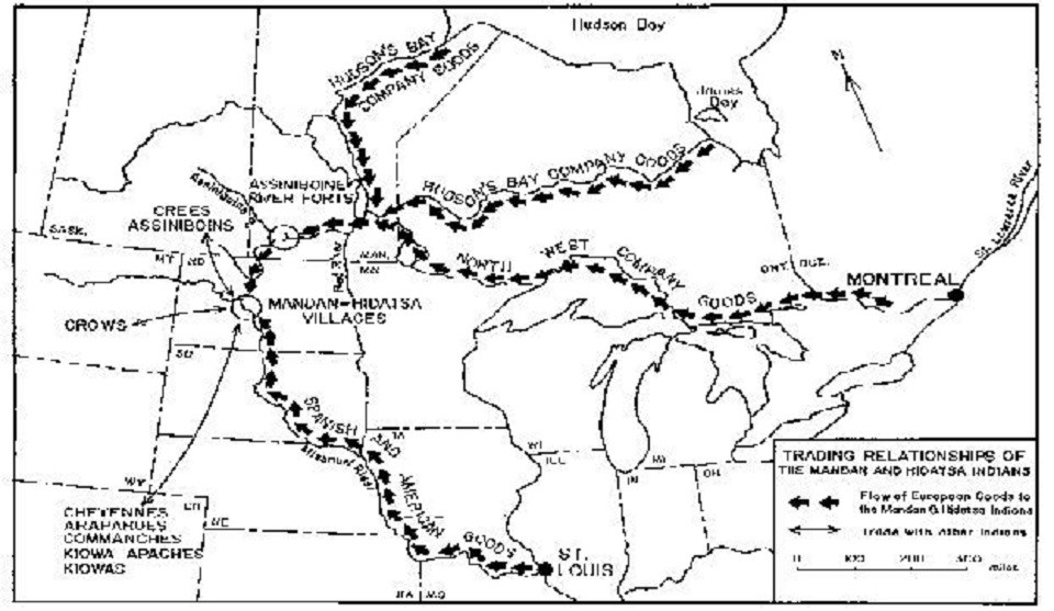 Trading relationships of the Mandan and Hidatsa Indians 1 route shows flow of European goods to the Mandan & Hidatsa Indians. 2nd route shows trade with other Indians.
