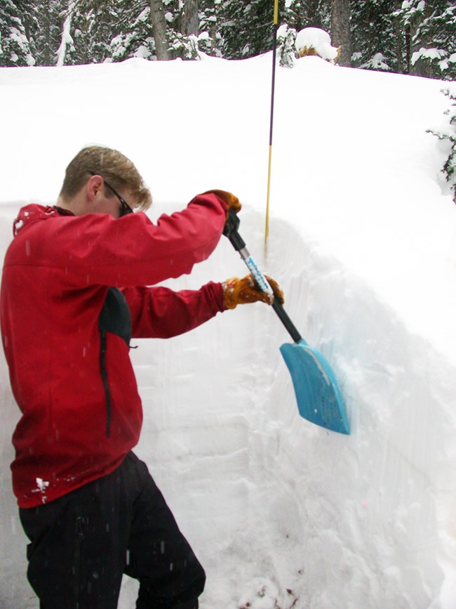 man standing in a 5 ft deep snow pit, shoveling in the pit