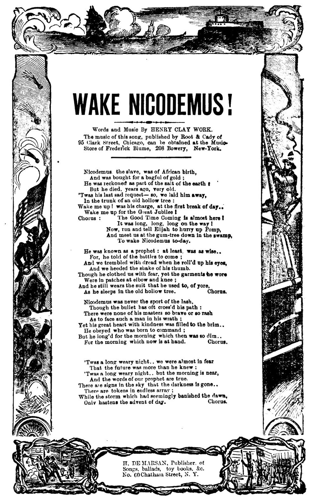 Page of lyrics for song "Wake Nicodemus!" There is a nautical scenery border around the lyrics. Full lyrics lie below the image.