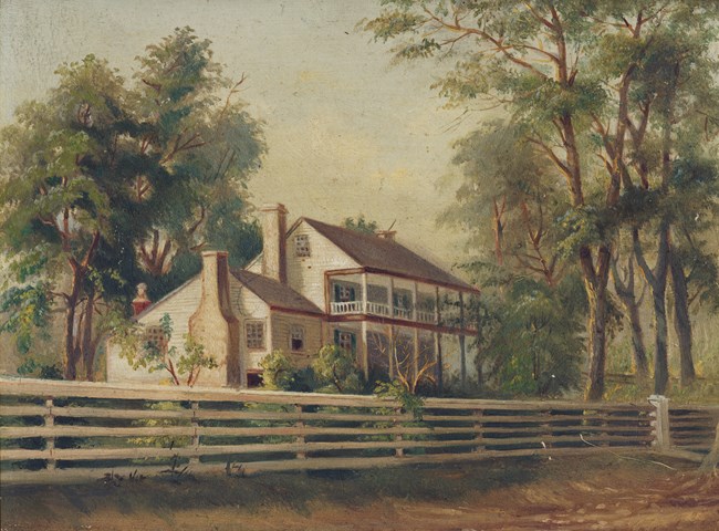 Oil painting of a white frame two-story house surrounded by trees and a white fence