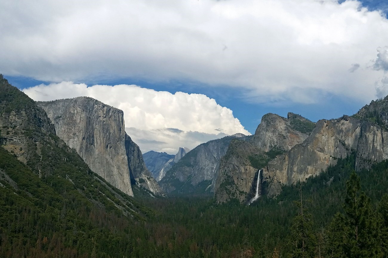 An expansive view of the valley, including granite cliffs and waterfalls, forest in the foreground, and a blue sky with large white clouds.