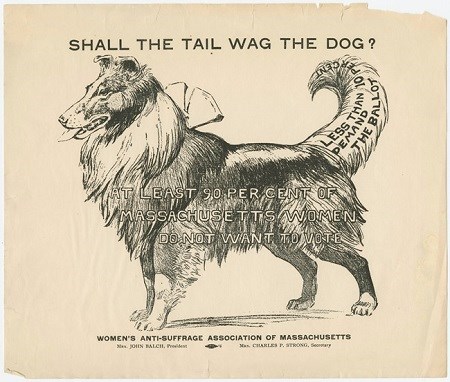 Anti-suffrage broadside of a dog "Shall the Tail Wag the Dog?"