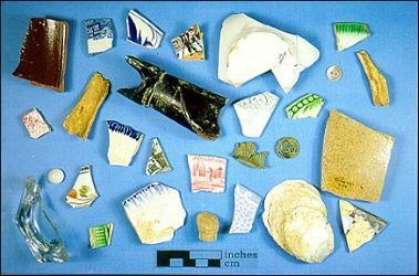 Excavated ceramic and glass sherds, animal remains, and personal items