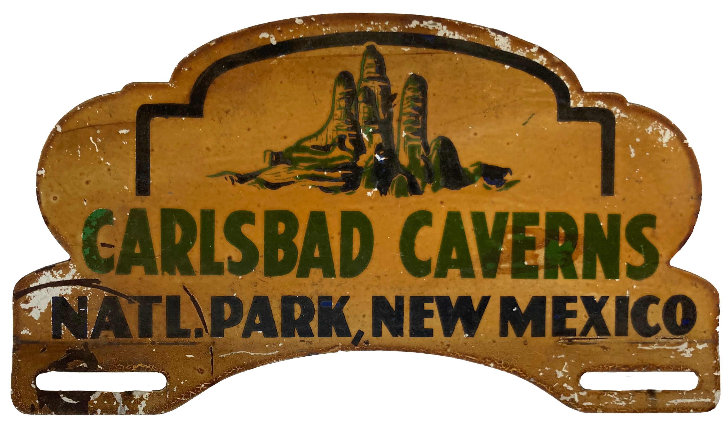 Metal plate with stalagmites and Carlsbad Cave painted on it