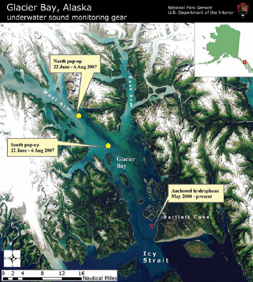 GLBA sound monitoring gear Map of underwater sound monitoring gear in Glacier Bay National Park and Preserve
