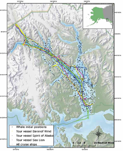 Ship track and whale distribution GLBA Map of ship tracks and whale distribution in Acoustic Integration Model