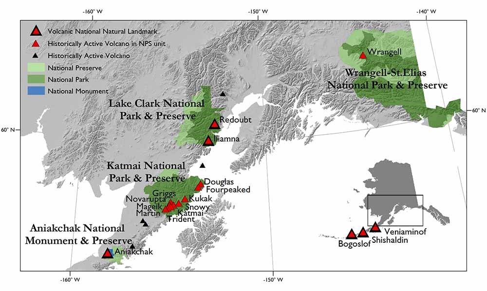 figure1_volcano map web An annotated map showing the location of volcanoes in parks.