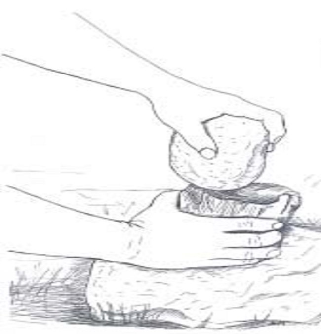 Making a Blank Illustration of hand holding flint on top of a flat rock. Second hand hits a rock on top of the flint.