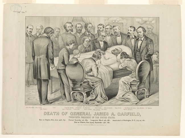 President Garfield on his deathbed. President Garfield is in bed. He is surrounded by people who are sobbing.
