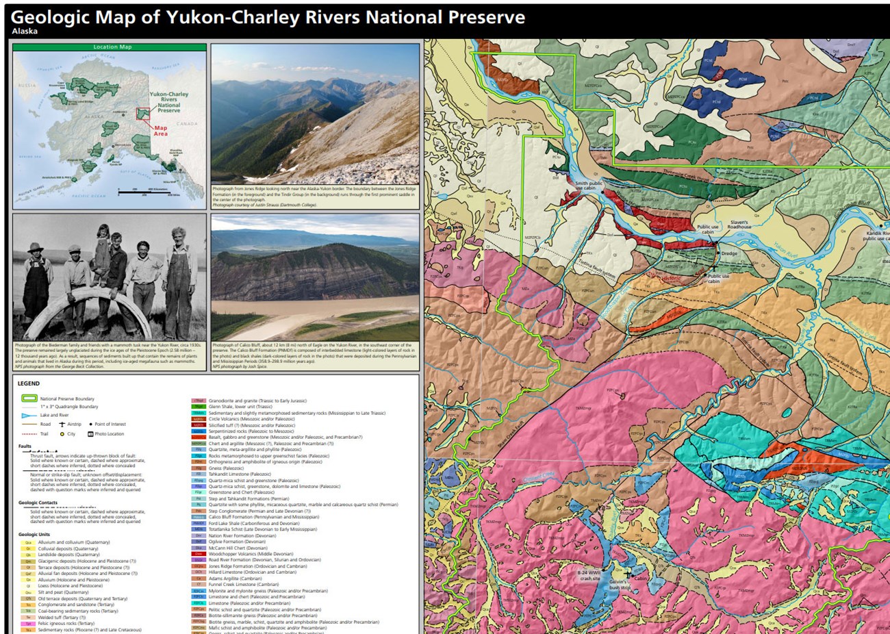 Image of a geologic map showing portions of photos, geologic units and contacts, and map legend.