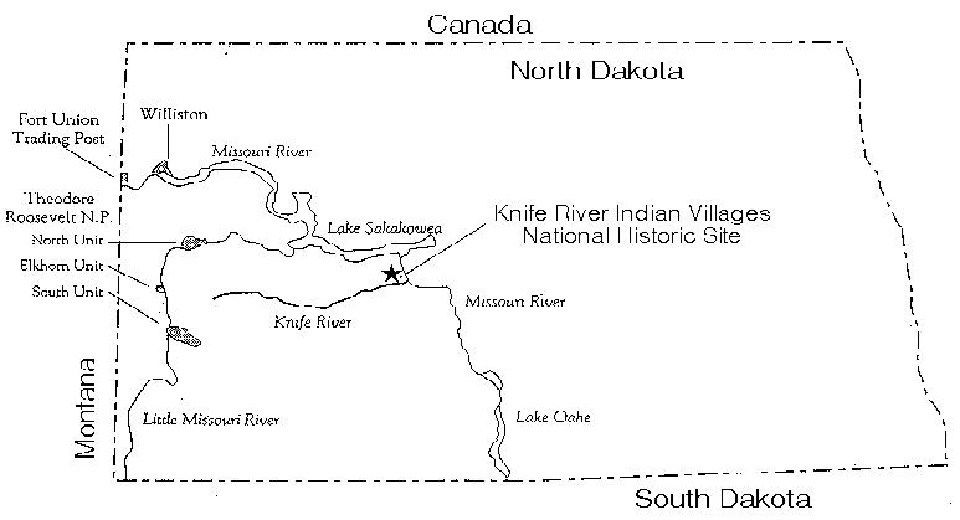 Knife River Indian Villages National Historic Site Outline of North Dakota shows villages as a star where the Knife and Missouri Rivers connect. Lake Sakakawea is directly north of star.