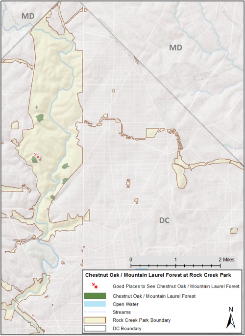 Map highlighting locations of the Chestnut Oak Mountain Laurel community