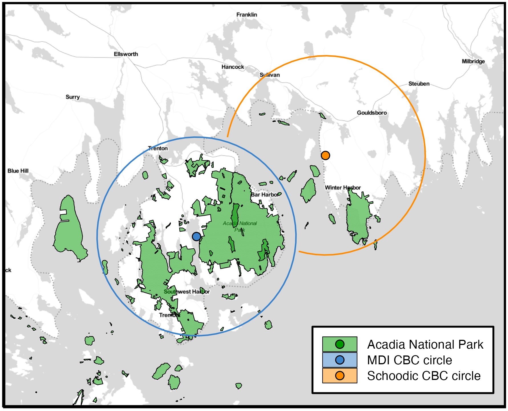 image showing two circles on a map, one circling Mount Desert Island and the other surrounding Schoodic Peninsula