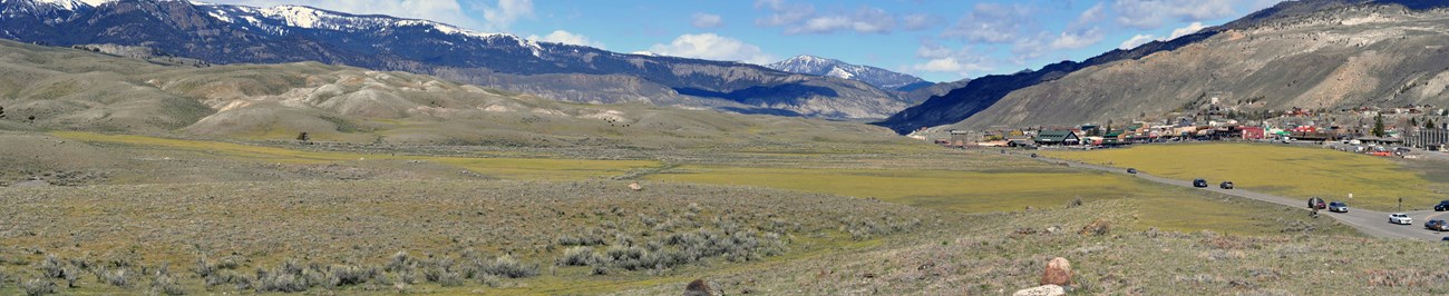 stef waker panorama Looking northwest from the North Entrance of Yellowstone, the town of Gardiner, Montana, on the right.