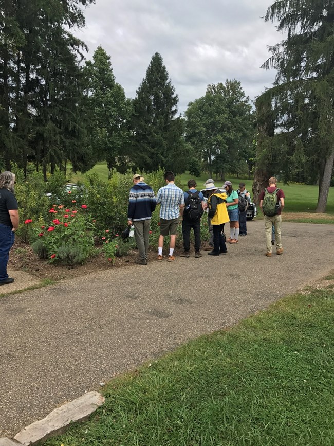 A group of people standing on a dirt path, admiring the gardens