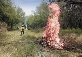 A firefighter stands near a burning pile monitoring the situation.