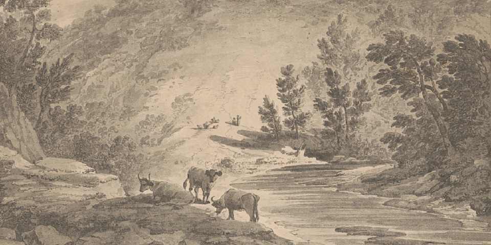 Print showing three cows grazing along the Wissahickon Creek