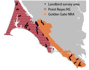 map showing that landbird monitoring surveys occur in the GGNRA and PORE