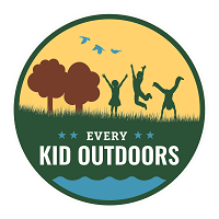 A yellow and green logo of three children playing.