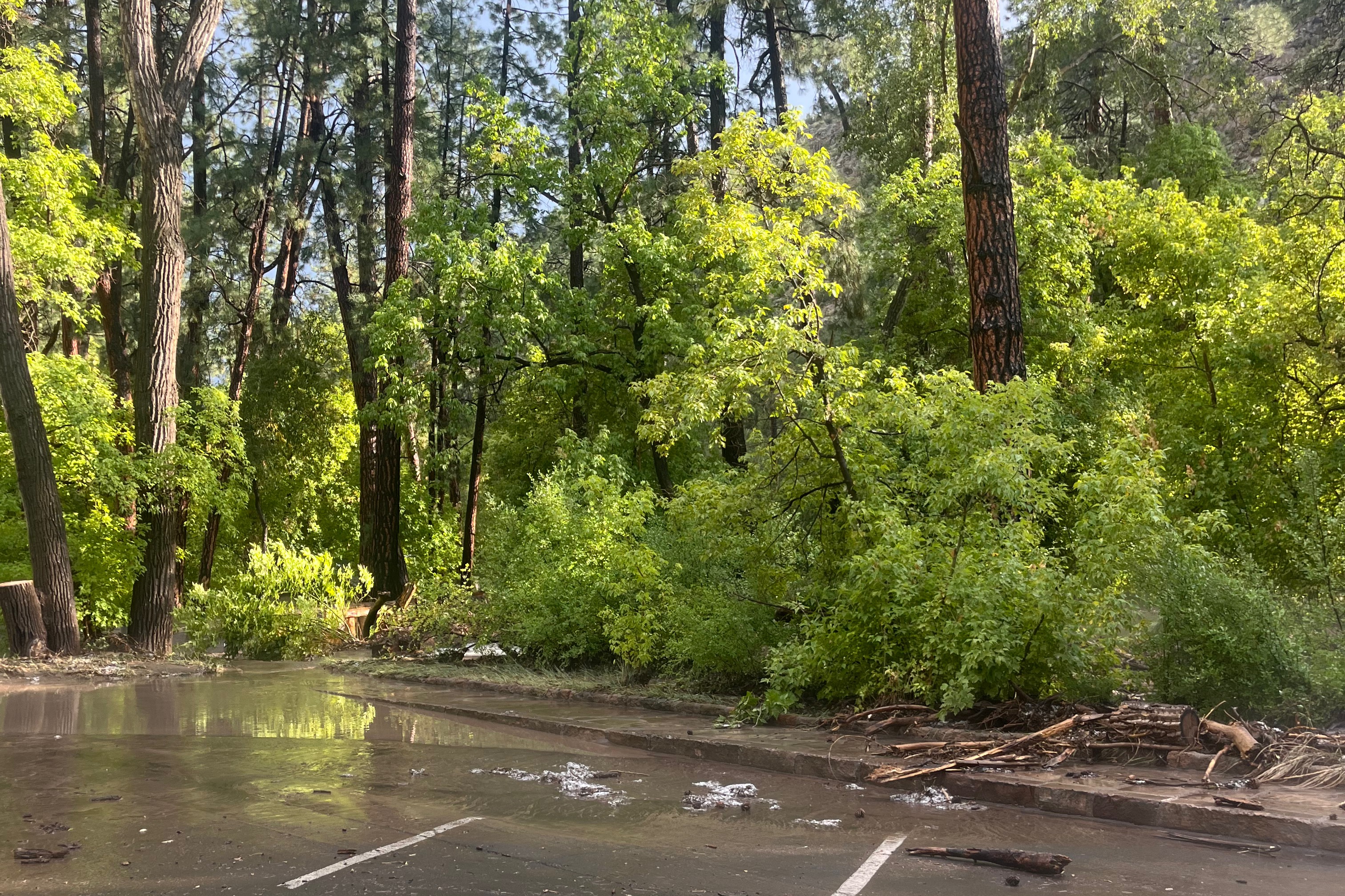 A partially flooded parking lot.